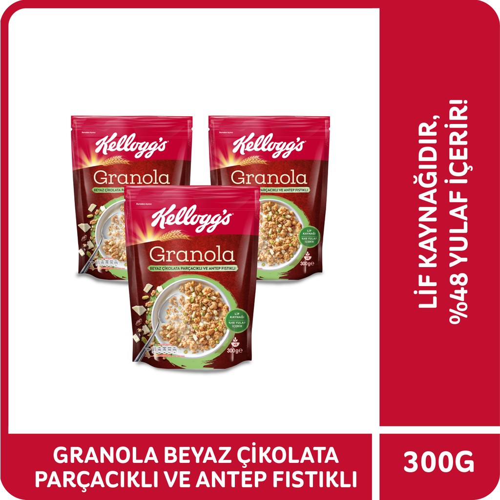 Kellogg's Granola Beyaz Çikolata Parçacıklı ve Antep Fıstıklı 300 G x3 Adet, %48 Yulaf içerir, Lif Kaynağı Kahvaltılık Gevrek - 300 gr Kahvaltılık Gevrek Fiyatı