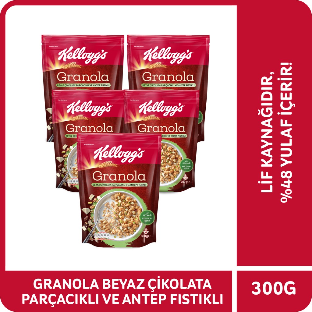Kellogg's Granola Beyaz Çikolata Parçacıklı ve Antep Fıstıklı 300 G x5 Adet, %46 Yulaf Ezmesi,Lif Kaynağı Kahvaltılık Gevrek - 300 gr Kahvaltılık Gevrek Fiyatı