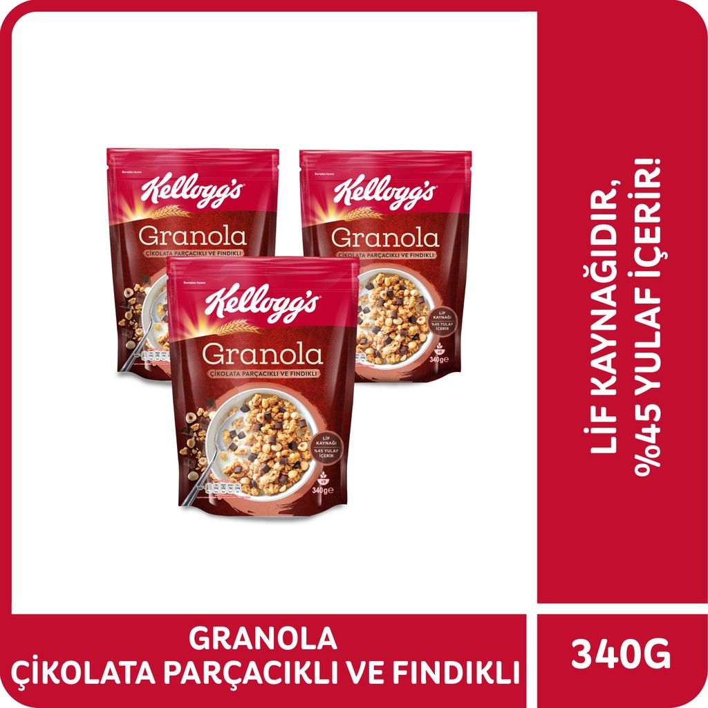 Kellogg's Granola Çikolata Parçacıklı ve Fındıklı 340 G x 3 Adet, %45 Yulaf Ezmesi, Lif Kaynağı Kahvaltılık Gevrek - 340 gr Kahvaltılık Gevrek Fiyatı