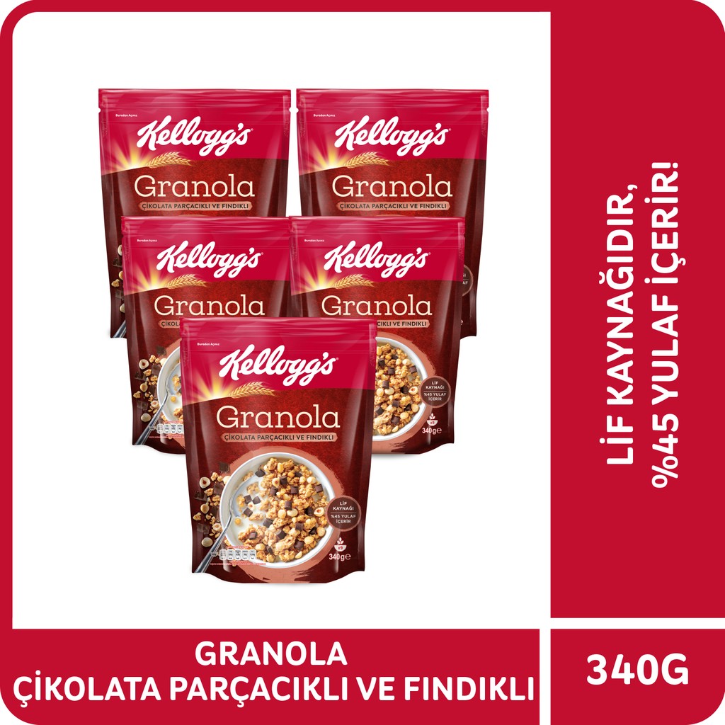 Kellogg's Granola Çikolata Parçacıklı ve Fındıklı 340 G x 5 Adet, %44 Yulaf, Lif Kaynağı Kahvaltılık Gevrek - 340 gr Kahvaltılık Gevrek Fiyatı