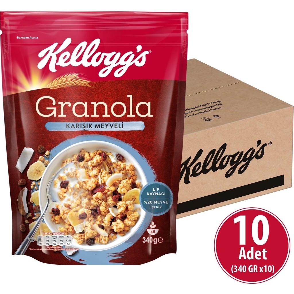 Kellogg's Granola Karışık Meyveli 340 G x 10 Adet, %45 Yulaf Ezmesi, %20 Kurutulmuş Meyve, Lif Kaynağı Kahvaltılık Gevrek - 340 gr Kahvaltılık Gevrek Fiyatı