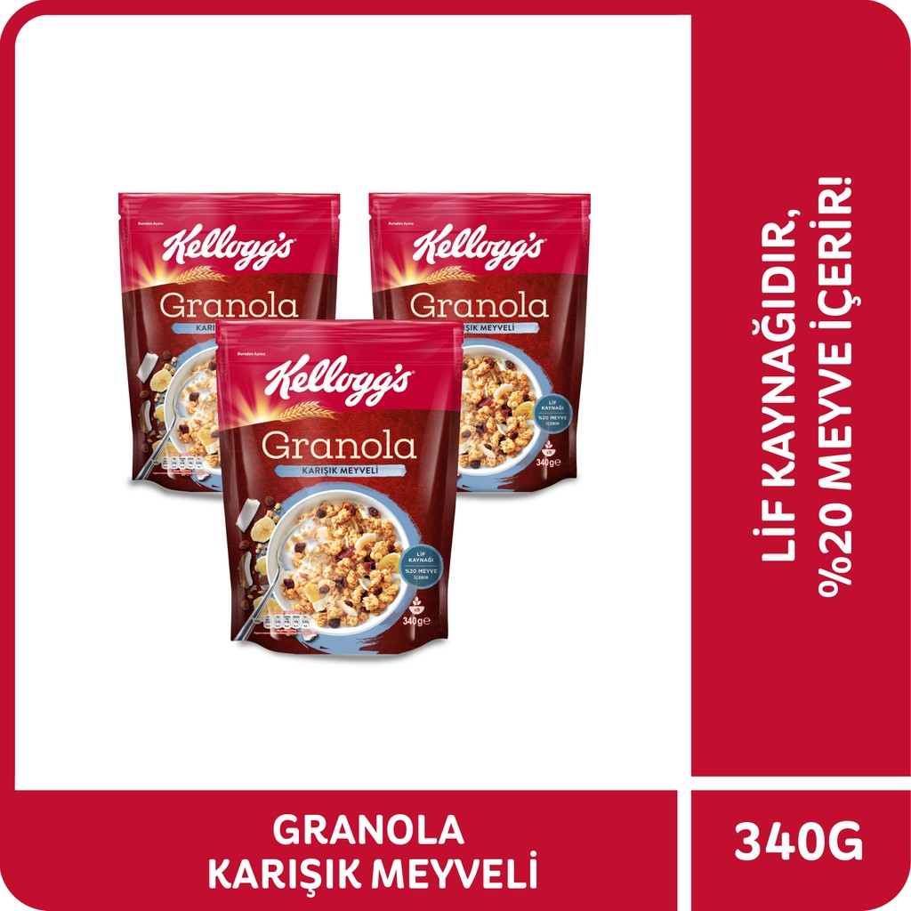 Kellogg's Granola Karışık Meyveli 340 G x3 Adet,%45 Yulaf Ezmesi,%20 Kurutulmuş Meyve , Lif Kaynağı Kahvaltılık Gevrek - 340 gr Kahvaltılık Gevrek Fiyatı