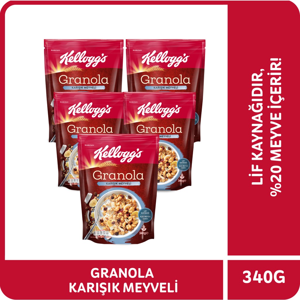Kellogg's Granola Karışık Meyveli 340 G x5 Adet, %45 Yulaf Ezmesi, %20 Kurutulmuş Meyve, Lif Kaynağı Kahvaltılık Gevrek - 340 gr Kahvaltılık Gevrek Fiyatı