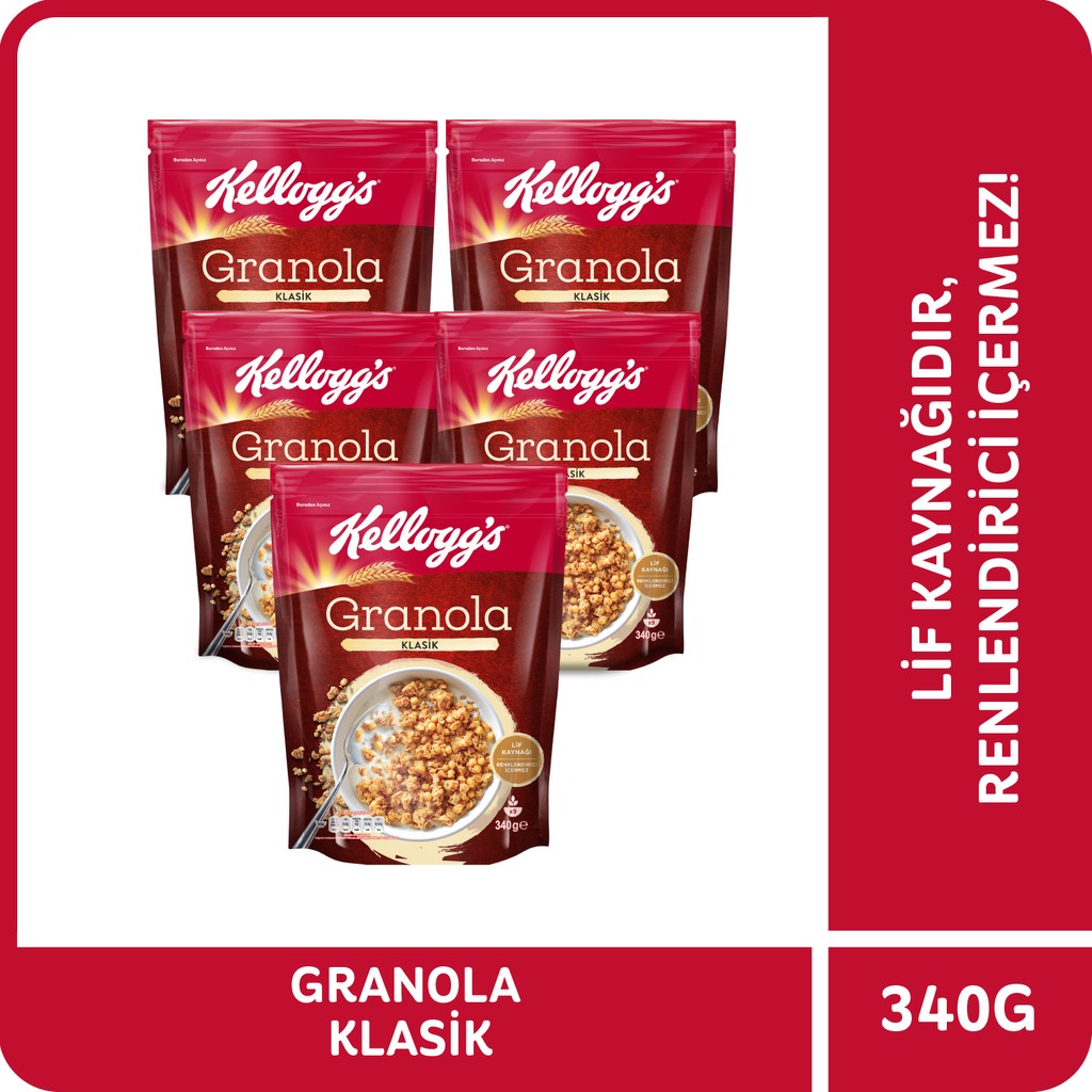 Kellogg's Granola Klasik 340 G x5 Adet,%56 Yulaf Ezmesi, Lif Kaynağı Kahvaltılık Gevrek - 1,7 kg Kahvaltılık Gevrek Fiyatı
