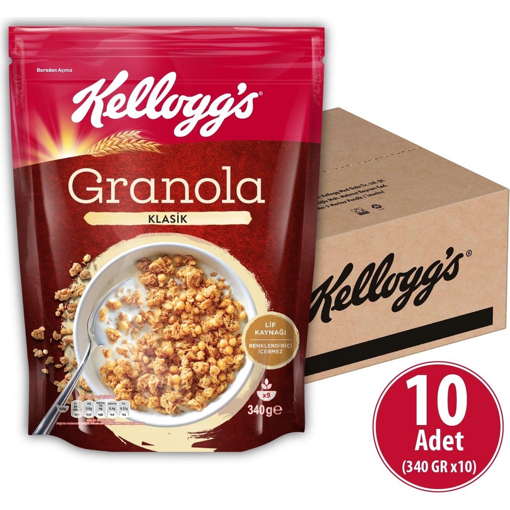 Kellogg's Granola Klasik 340G x10 Adet,%56 Yulaf Ezmesi,Lif Kaynağı Kahvaltılık Gevrek - 340 gr Kahvaltılık Gevrek Fiyatı