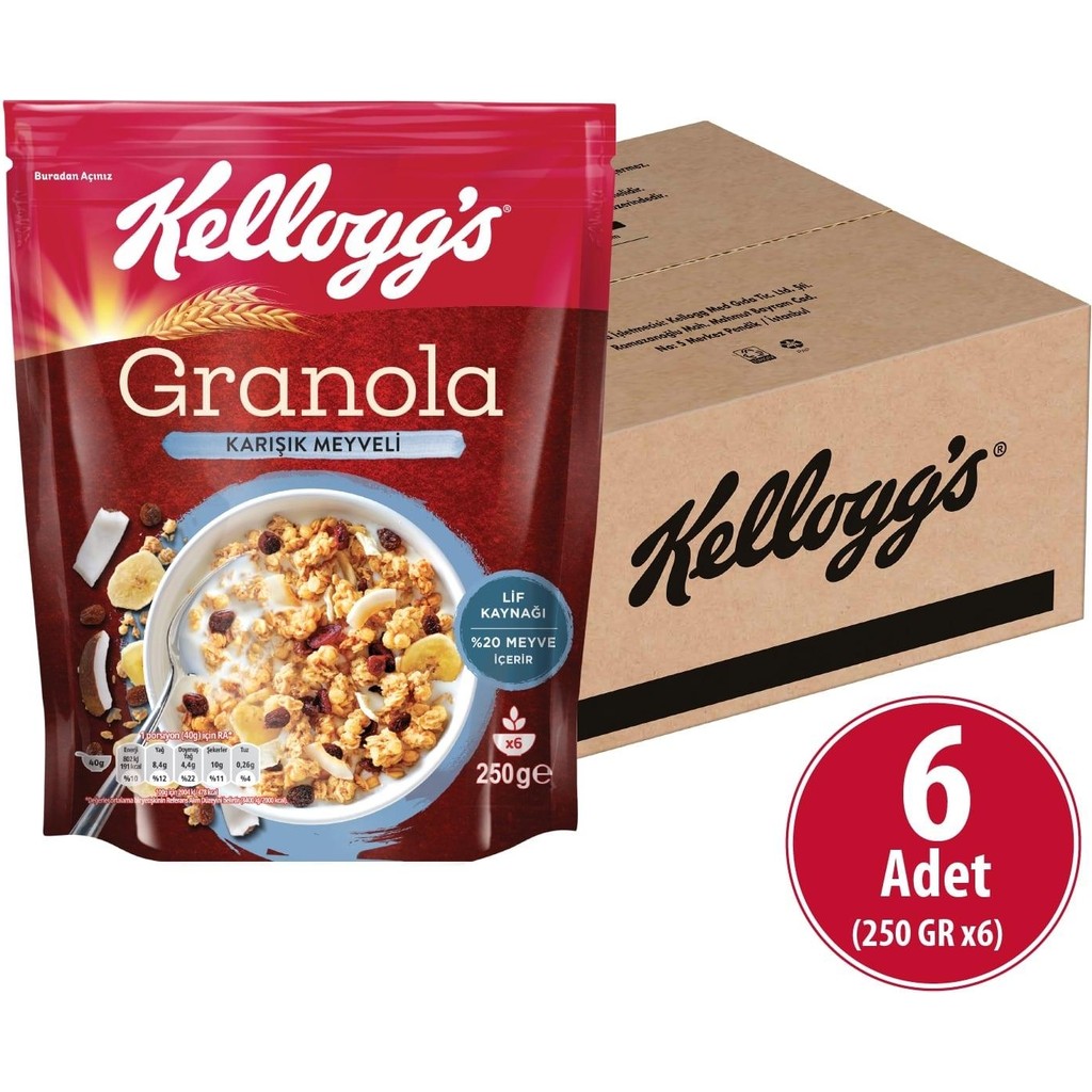 Kellogg's Karışık Meyveli Granola 250 G x 6 Adet, %45 Yulaf Ezmesi, %20 Kurutulmuş Meyve,Lif Kaynağı Kahvaltılık Gevrek - 250 gr Kahvaltılık Gevrek Fiyatı