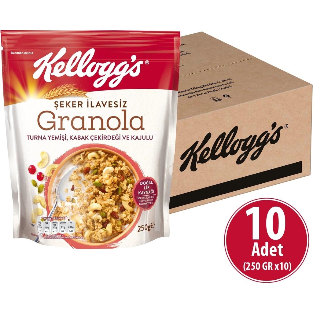 Kellogg's Şeker Ilavesiz Granola Turna Yemişi, Kabak Çekirdeği ve Kajulu 250 gr x 10 Adet, %42 Yulaf Içerir Kahvaltılık Gevrek Fiyatı