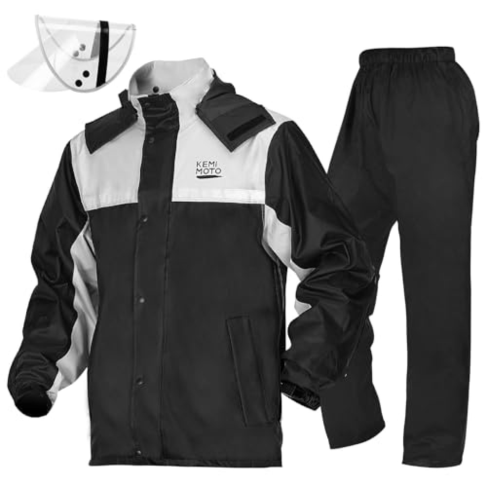 KEMIMOTO Men's Rain Suit Waterproof Rain Jacket Reflective Work Rain Coats Lightweight Hiking Motorcycle Rain Gear for Men, X-Large, Black
