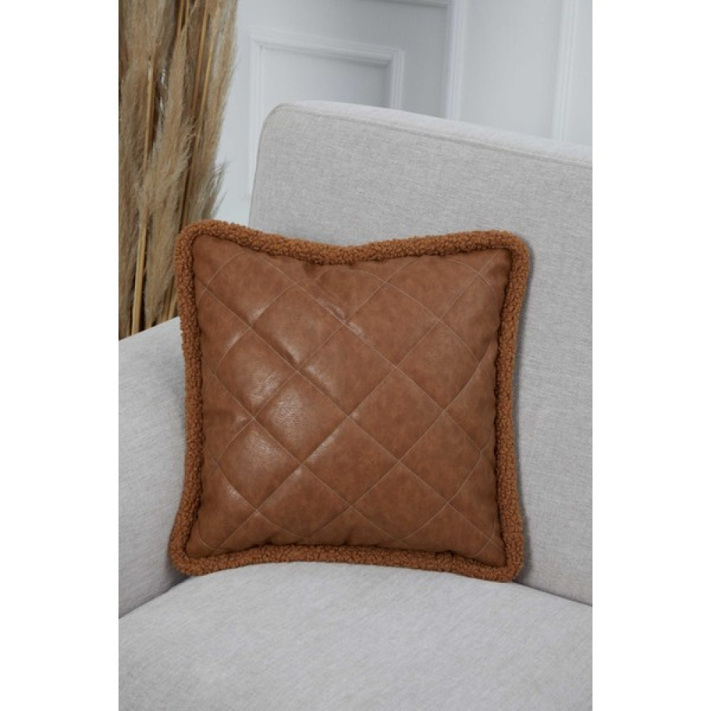 Kenarları Teddy Kumaşlı Deri Kırlent KILIFI,K-305 - 45 x 45 cm - Kahverengi Kırlent / Mobilya Yastığı Fiyatı