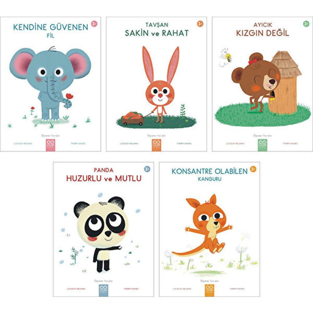 Kendine Güvenen Fil - Tavşan Sakin ve Rahat - Panda Huzurlu ve Mutlu - Ayıcık Kızgın Değil - Konsantre Olabilen Kanguru 5 Kitap - Louison Nielman Çocuk Öykü Fiyatı