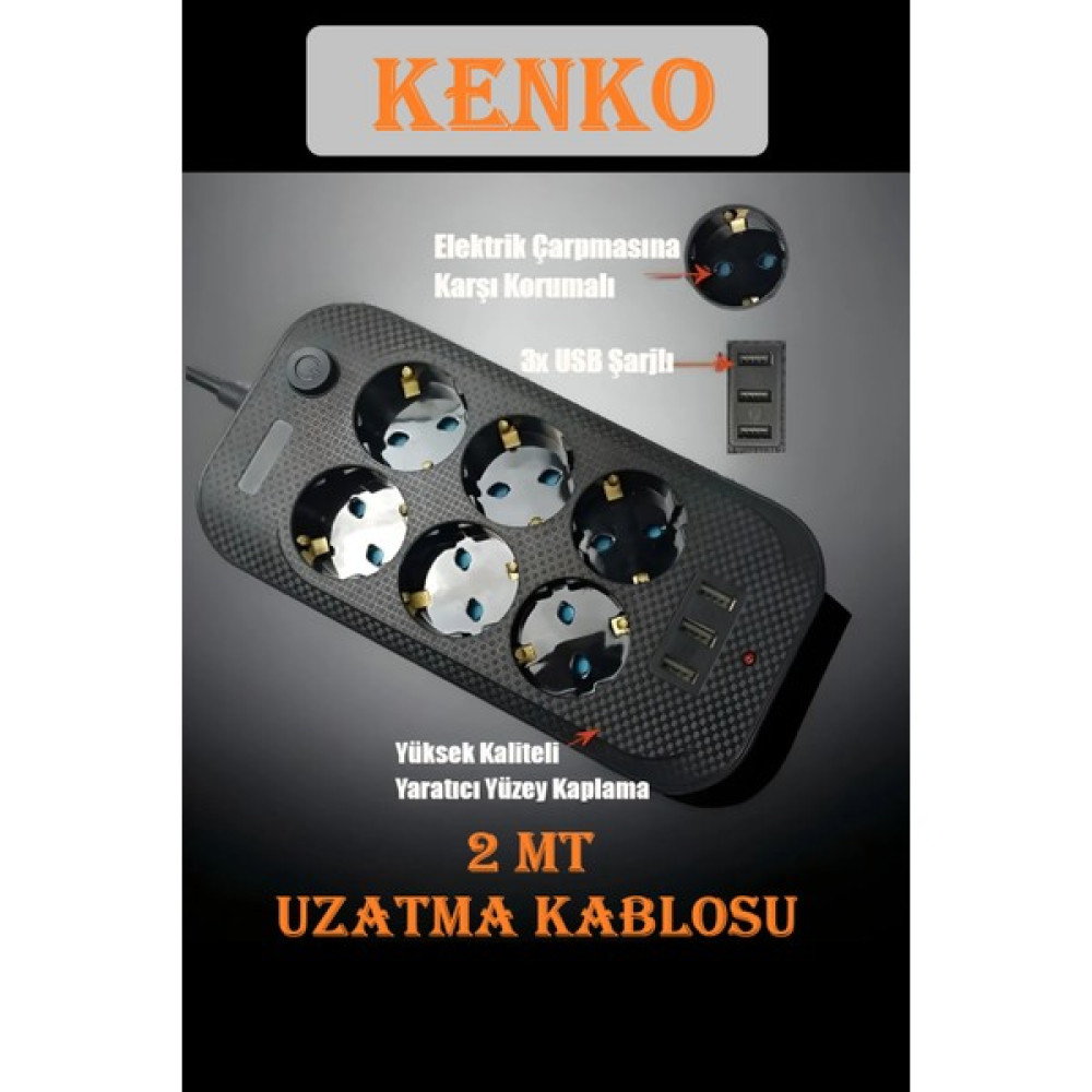Kenko Termal Akım Korumalı ve Çocuk Korumalı 6'lı 2 mt Uzatma Kablosu 6 x Priz, 3 x USB - Ftr-11 Fulltech Prizler Fiyatı