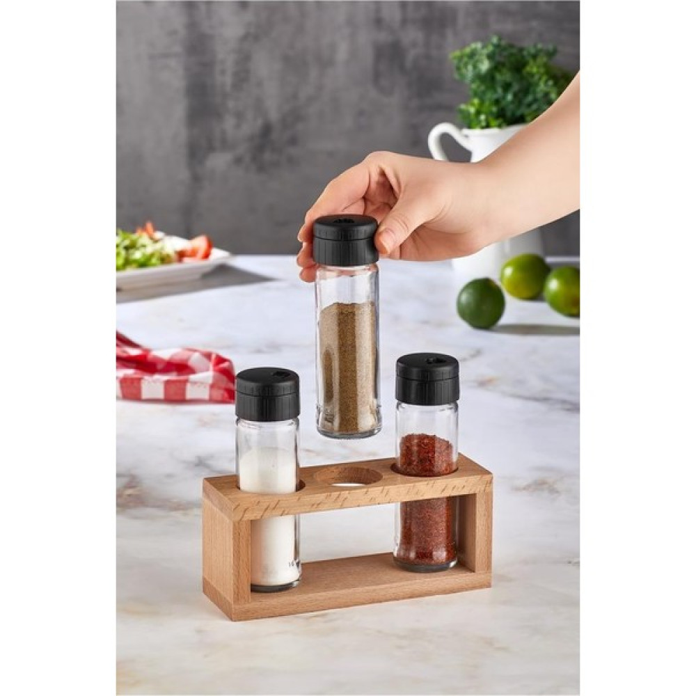 kenpool Lima 3lü Baharat Takımı Ahşap Stantlı Baharatlık Siyah Kapak - 200 ml Baharat Setleri & Baharatlıklar Fiyatı