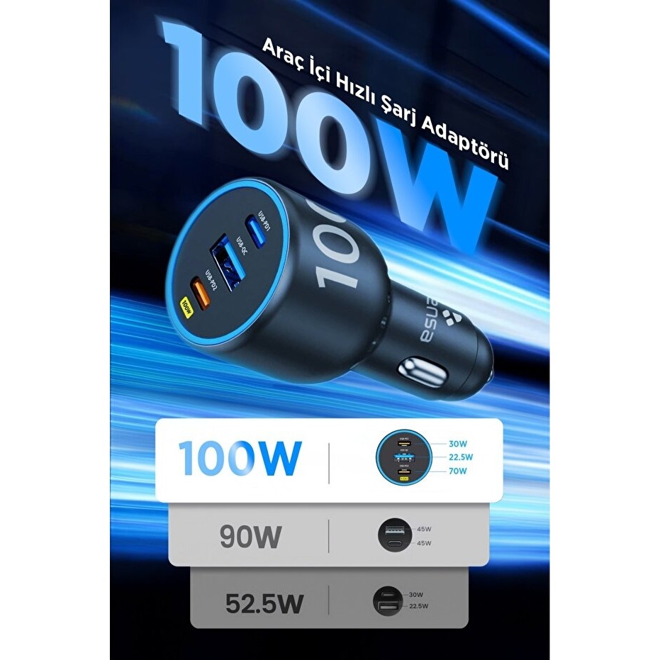 Kensa 100W PD Araç İçi Hızlı Şarj Başlığı | 3 Çıkışlı Akıllı Güç Dağıtımı | Type-C & USB-A - Siyah Bilgisayar Çevirici ve Adaptörü Fiyatı