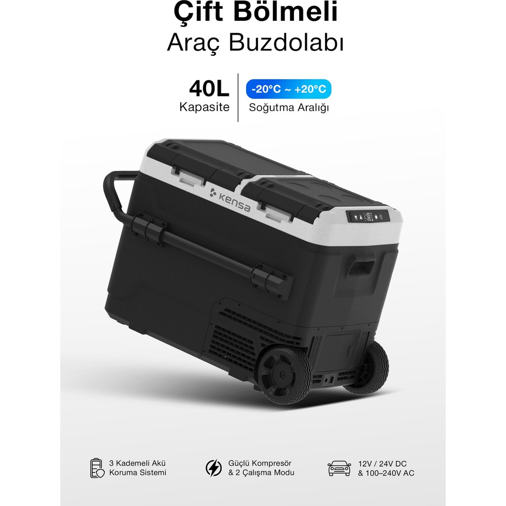 Kensa 40 Litre Çift Bölmeli Kompresörlü Araç Buzdolabı -20°C Dondurucu & Soğutucu, 12V/24V/100-240V, Dijital Ekranlı, Tekerlekli Taşınabilir Kamp B... Buzdolapları Fiyatı