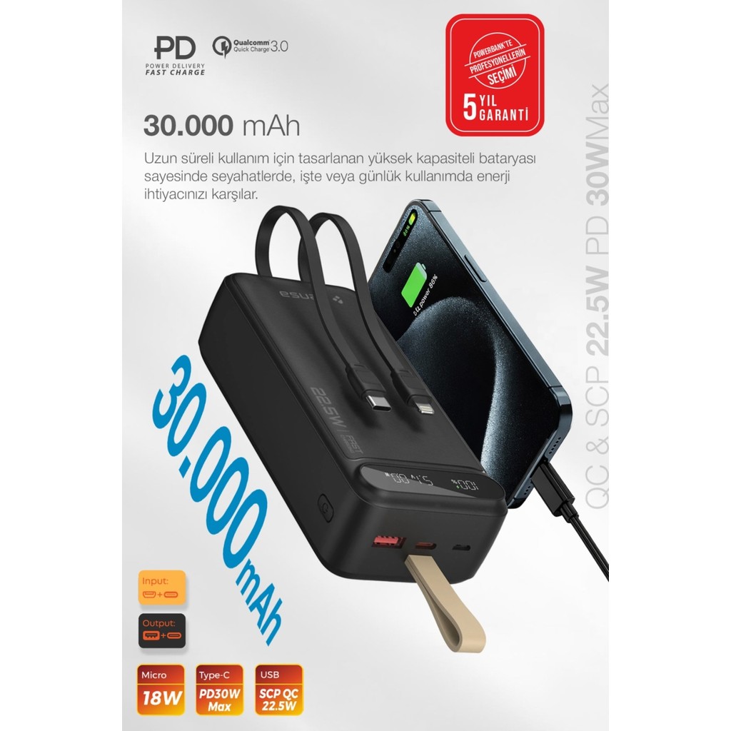 Kensa Hızlı Şarj Powerbank 30.000 Mah – Taşınabilir Güç, Usb-C & Çift Çıkışlı, Dijital Göstergeli Siyah Taşınabilir Şarj Cihazı - Powerbank Fiyatı