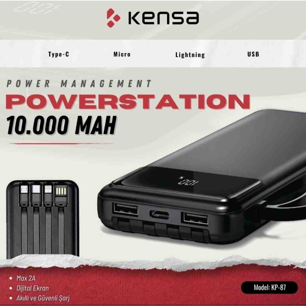 Kensa KP-87 Kendinden Kablolu 10.000 Mah Powerbank - Siyah Taşınabilir Şarj Cihazı - Powerbank Fiyatı