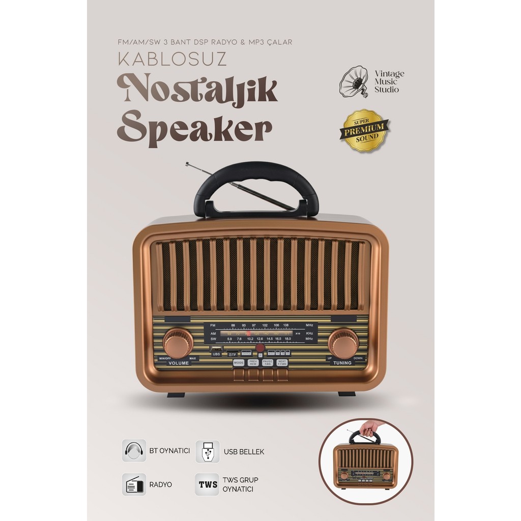 Kensa Retro Görünümlü Bluetooth Radyo Fm/am/sw Hoparlör USB Tf Müzik Çalar Tws Destekli Nostaljik Radyo - Kahverengi Bluetooth Hoparlör Fiyatı