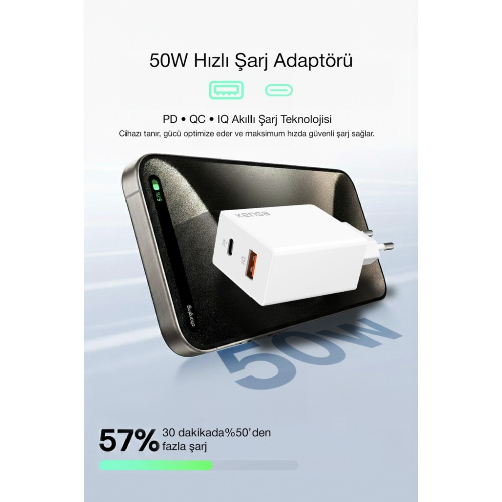 Kensa Şarj Cihazı Başlığı 50 W Yeni Nesil USB ve Tpc-E Çıkışlı Ultra Güçlü Hızlı Şarj - Beyaz Cep Telefonu Şarj Cihazı Fiyatı