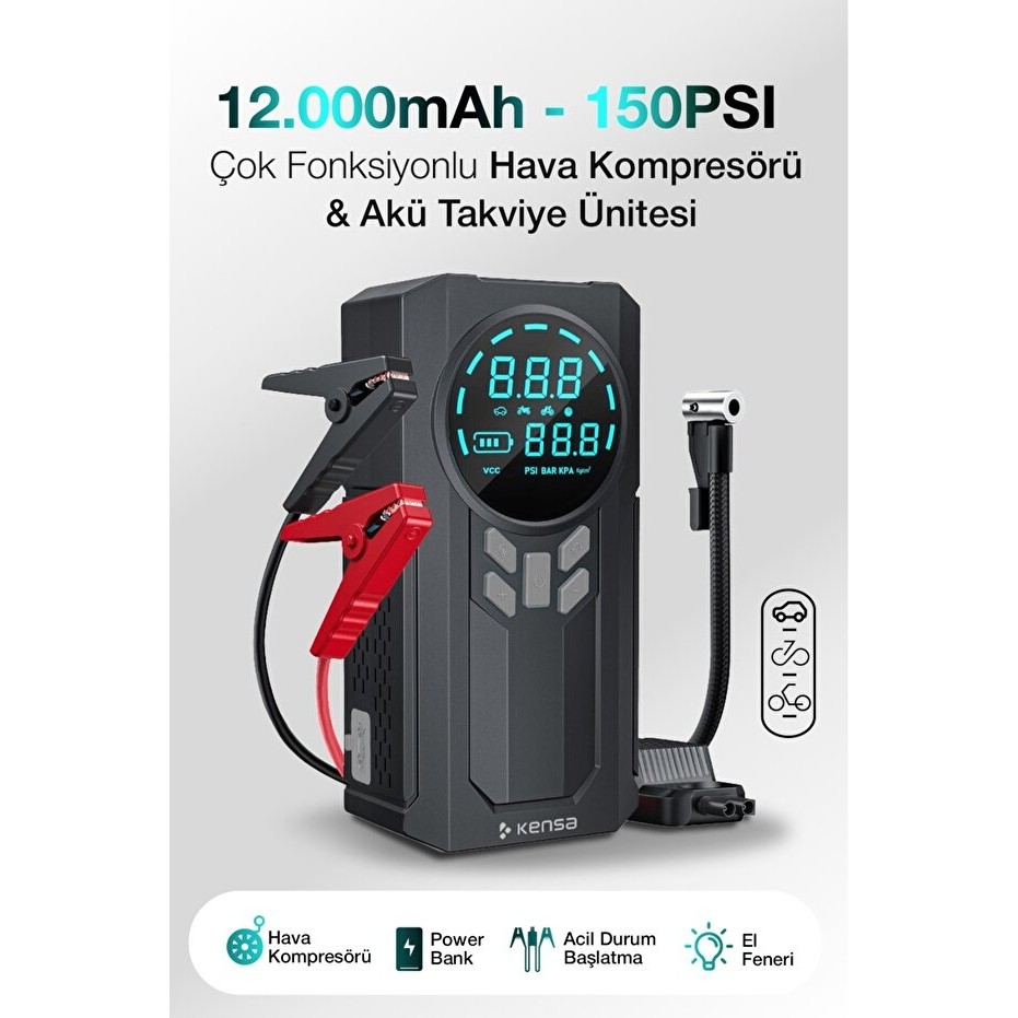 Kensa Taşınabilir Dijital Hava Kompresörü Jump Starter Powerbank - PSI Hava Kompresörü Fiyatı