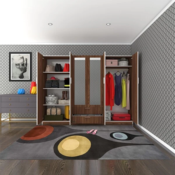 Kenzlife Begonvi̇l240 6 Kapılı Çekmeceli Aynalı Kapaklı Ceviz Gardırop Gardrop & Dolap Fiyatı
