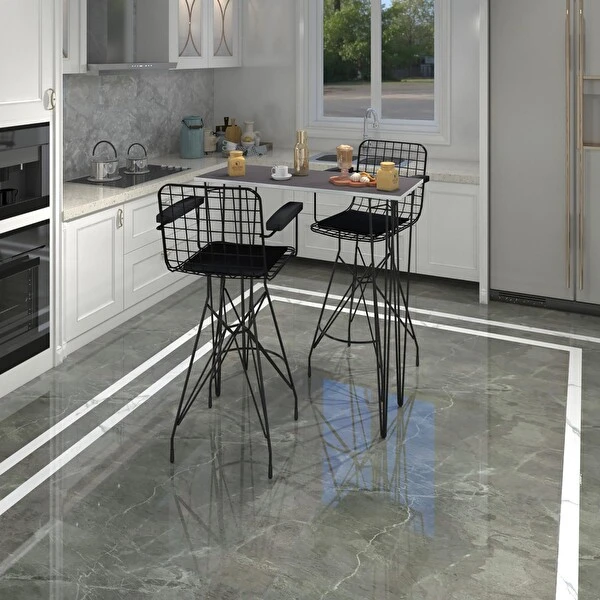 Kenzlife Hem105Zengi̇n 100x40 CM Gri Masa ve Kolçaklı 2 Adet Siyah Sandalye Takımı Mutfak Dolabı / Mobilyası Fiyatı