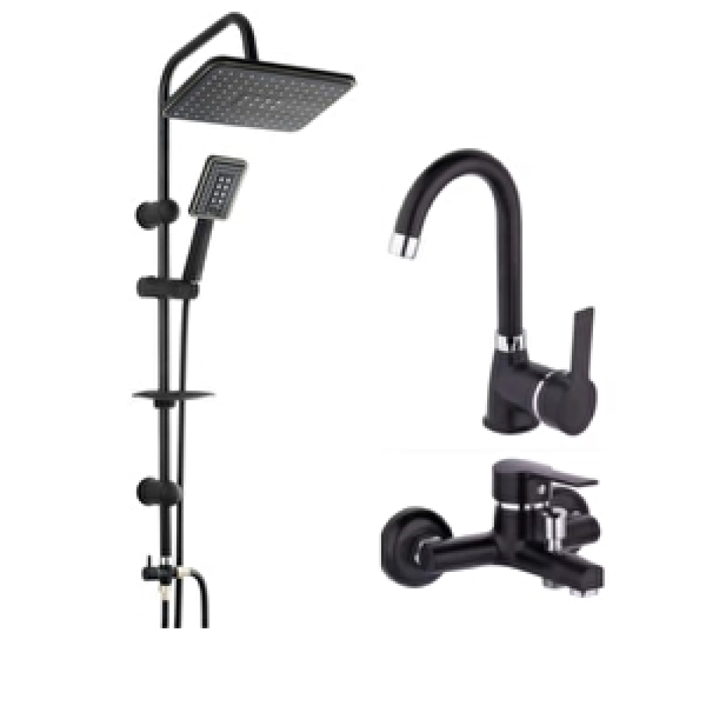 Kerim Su Armatürleri Banyo 3'lü Set (siyah Tepe Duş-siyah Delta Banyo-siyah Lavabo Kuğu) Bataryalar & Musluklar Fiyatı