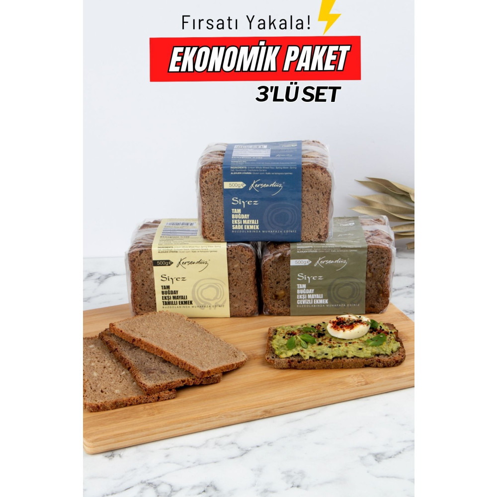 Kersendüz %100 Siyez Tam Buğday Ekşi Mayalı Ekmekler 3lü Seçim 3x500gr (TAHILLI-SADE-CEVİZLİ) Unlu Mamüller Fiyatı