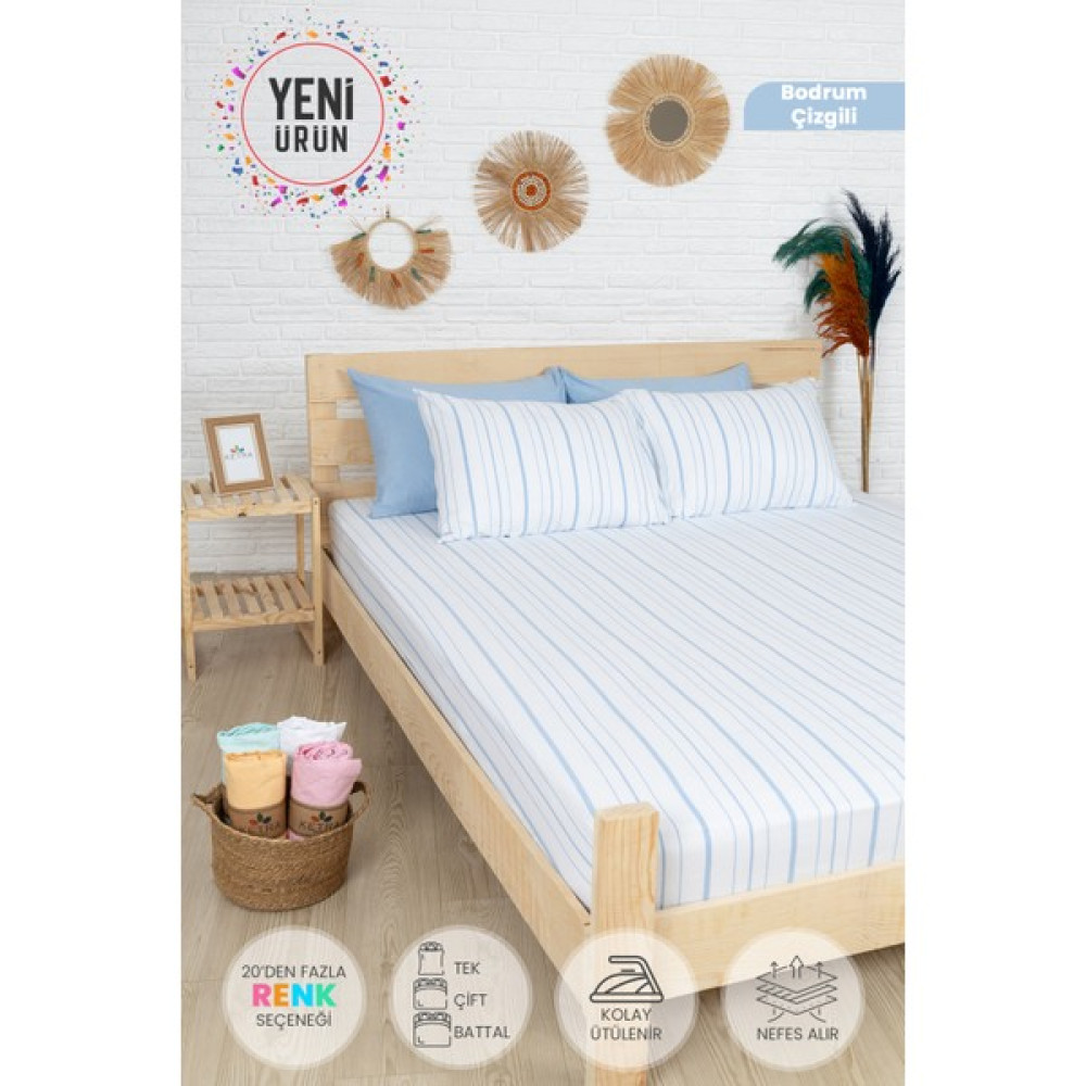 Ketra Bodrum Çizgili Tek Kişilik Lastikli Çarşaf Seti 100*200 cm Toz Mavi Çizgili - 100 x 200 cm - Mavi -Beyaz Çarşaf Fiyatı