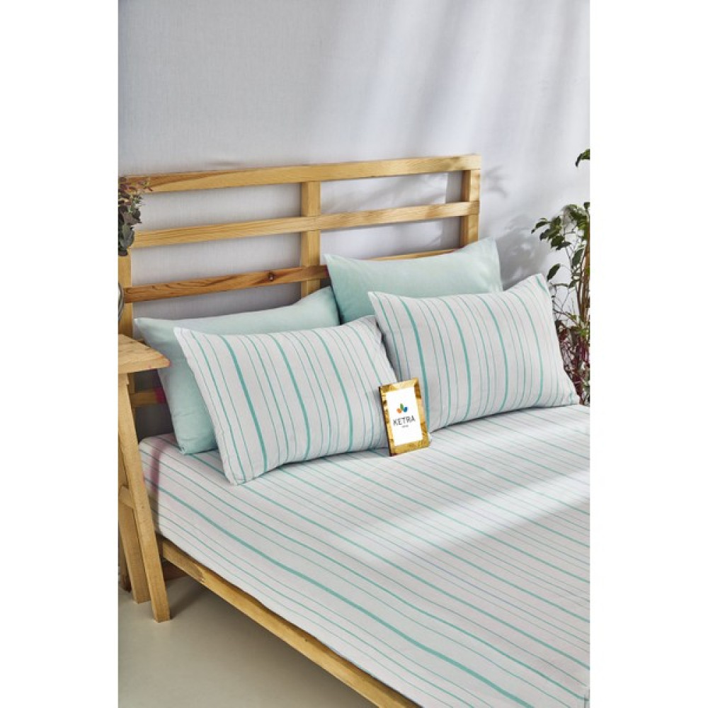 Ketra Home Çift Kişilik Lastikli Çarşaf Seti 160 X 200 - Mint Çizgili - 160 x 200 cm - Beyaz - Yeşil Çarşaf Fiyatı