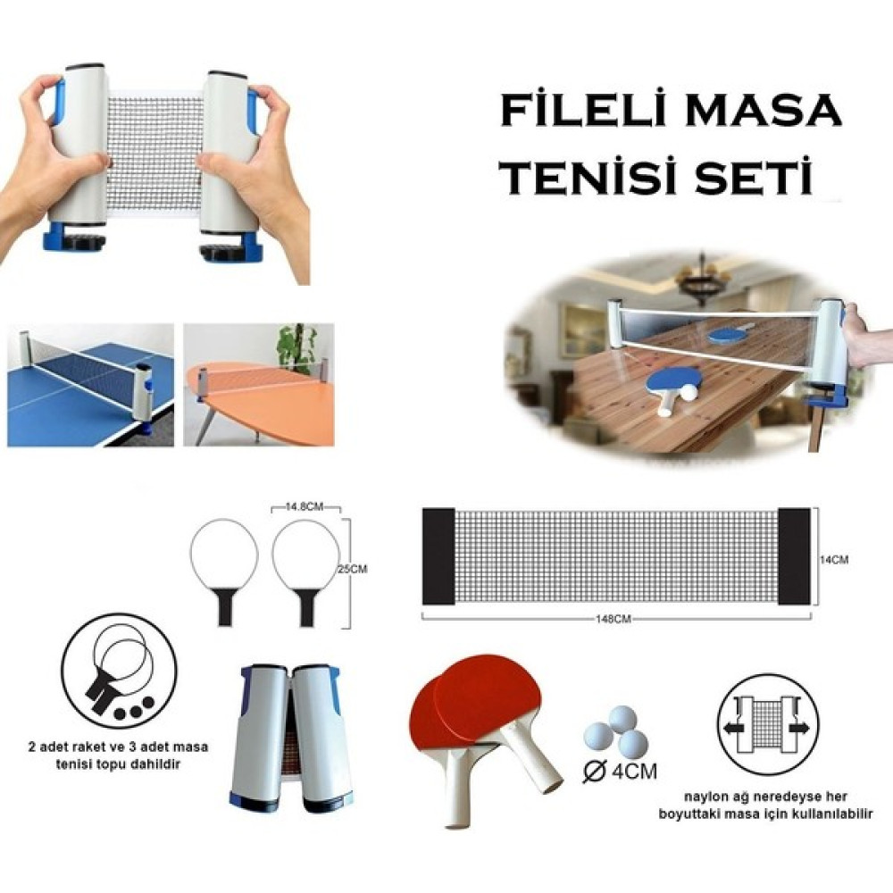 Keufman Tenis Masası Filesi Masa Tenisi Filesi Portatif Masa Tenis Filesi 150 cm 2 Raket + 3 Top Pinpon Seti Diğer Spor Ürünleri Fiyatı