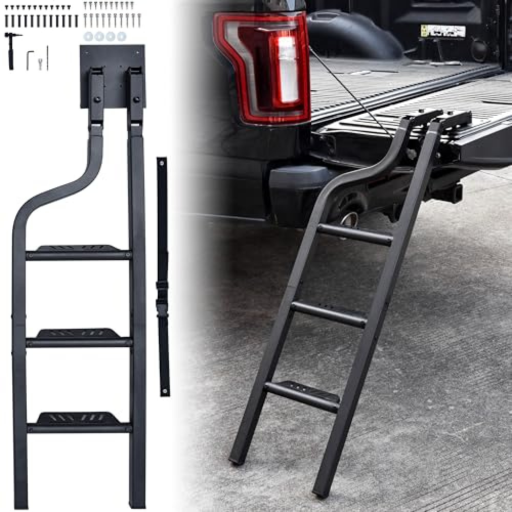 KEWISAUTO Foldable Pickup Truck Tailgate Ladder, 42" Aluminum Heavy Duty Universal Folding Tailgate Step Ladder for Ford F150, Dodge RAM 1500 etc. Pickup Truck Accessories