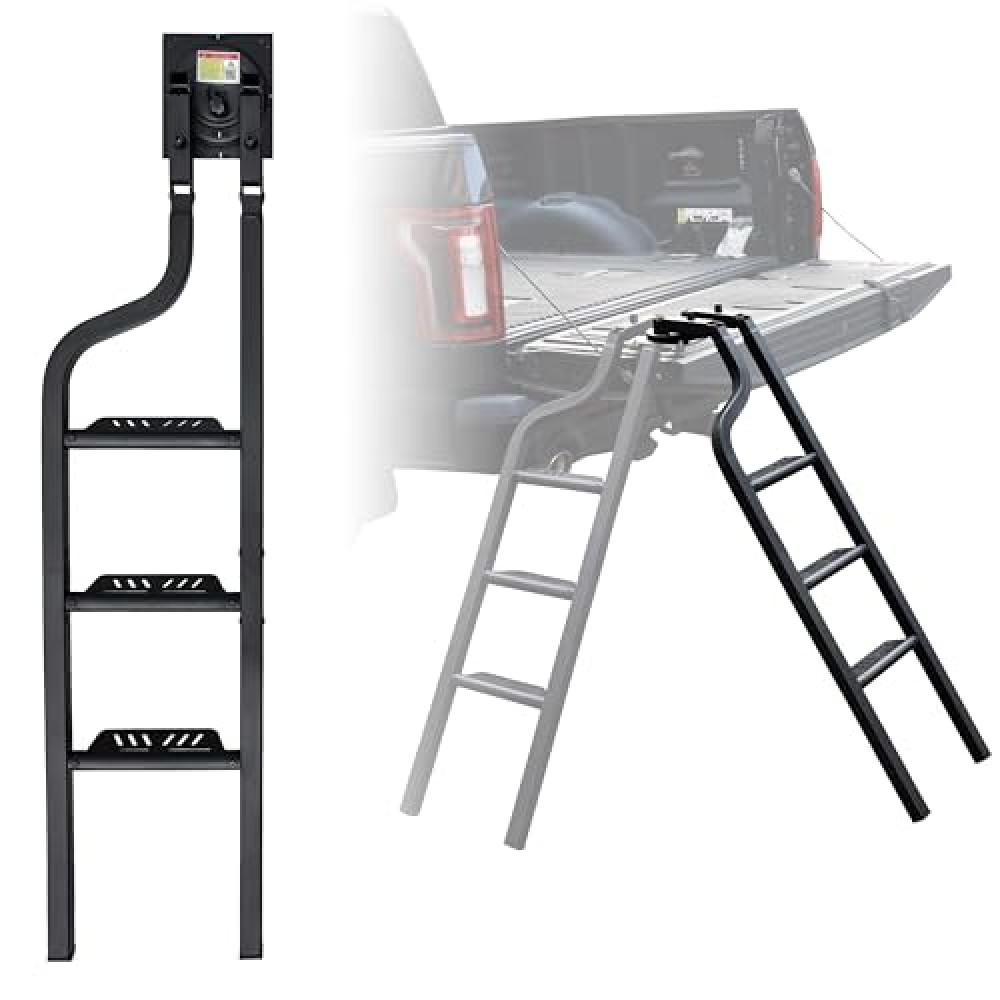 KEWISAUTO Foldable Pickup Truck Tailgate Ladder, 45" Aluminum Heavy Duty 360°Rotatable Universal Folding Tailgate Step Ladder for Ford F250, Dodge RAM 2500 etc. Pickup Truck Accessories