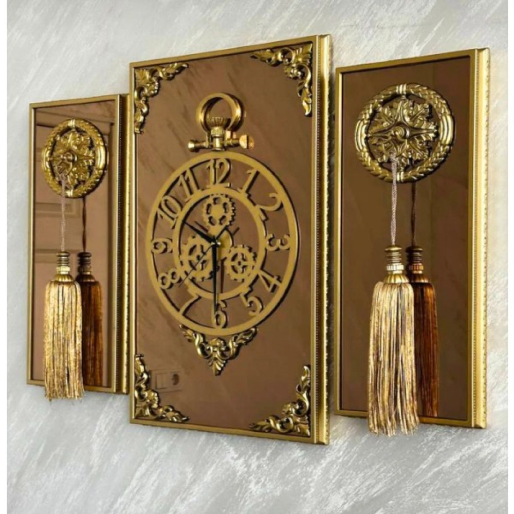 Key Aynalı Duvar Saati, 3'lü Gold Saat, Çerçeveli Saat Takımı, Hediye, Wall Clock, Püsküllü Saat, 38GMB Dekoratif Saat Fiyatı