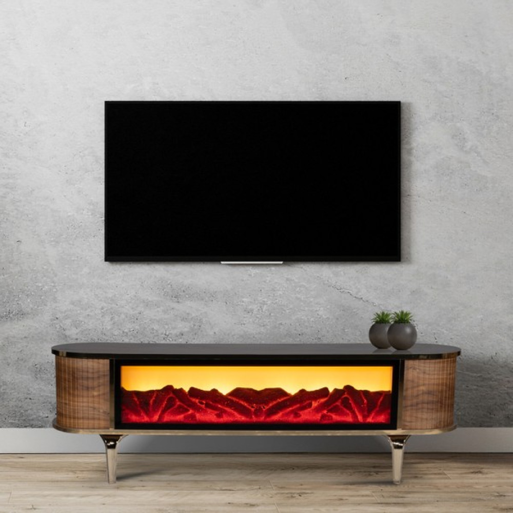 Key Bluetoothlu Şömineli Ses Sistemli Tv Ünitesi 160 cm Ceviz Gold Tv Ünitesi / Sehpası Fiyatı