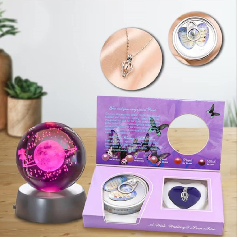 Keyfim Shop Istiridye Içinde Gerçek Inci Kolye & 3D Samanyolu Temalı Satürn Kız Işıklı Cam Küre Hediye Seti Hediyelik Eşya Fiyatı