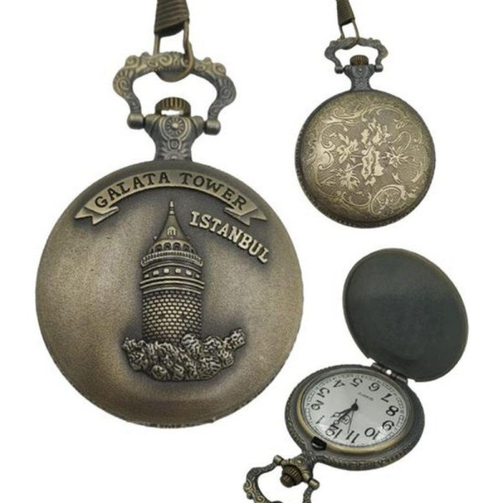 Keyfim Shop Retro Tasarımlı Quartz Galata Kulesi Kabartmalı Zincirli Köstekli Cep Saati Saat Fiyatı