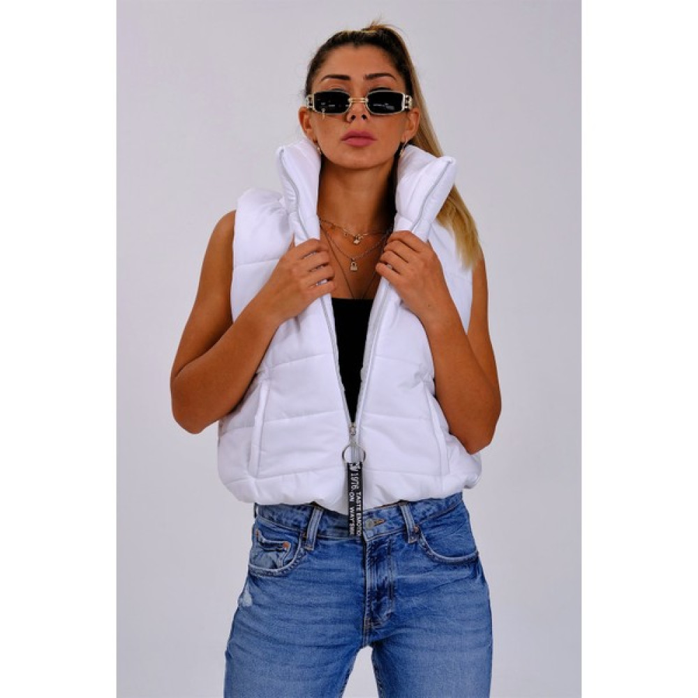 Keyifli Moda Kadın Beyaz Dik Yaka Beli Lastikli Cepli Kısa Şişme Yelek Kadın Yelek Fiyatı