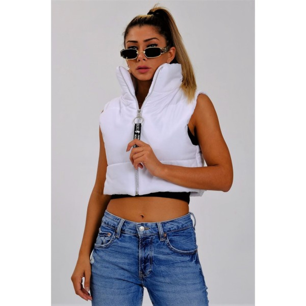 Keyifli Moda Kadın Beyaz Dik Yaka Kısa Şişme Yelek Kadın Yelek Fiyatı
