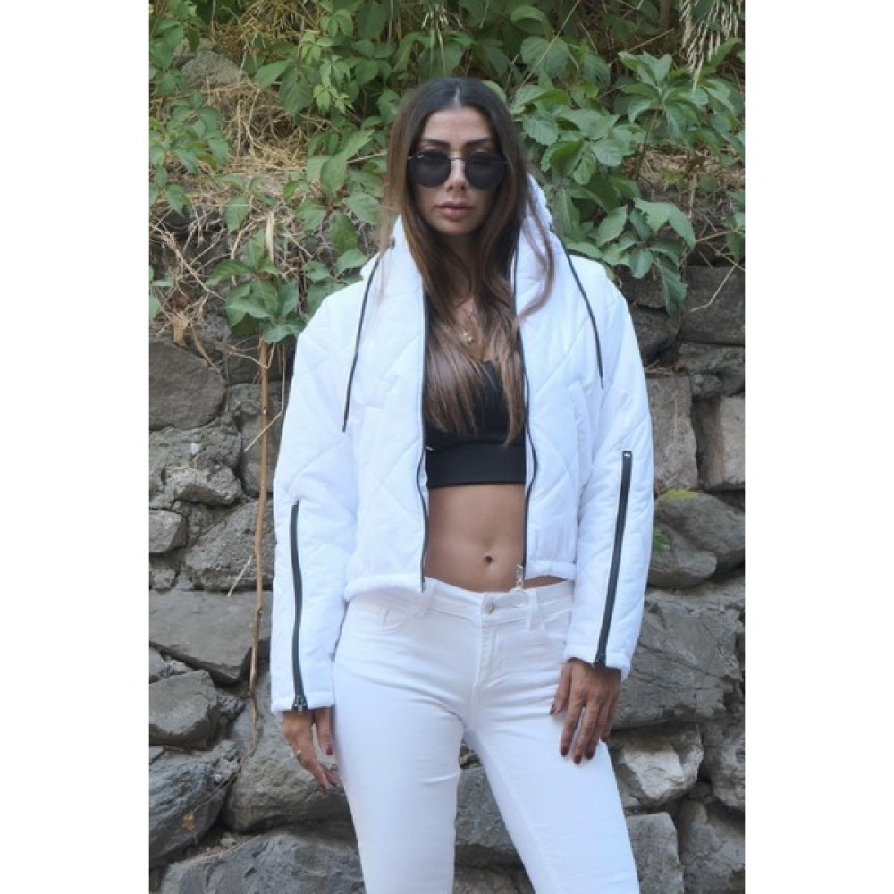 Keyifli Moda Kadın Beyaz Kapüşonlu Kolları Fermuarlı Kısa Şişme Mont Bayan Mont Fiyatı