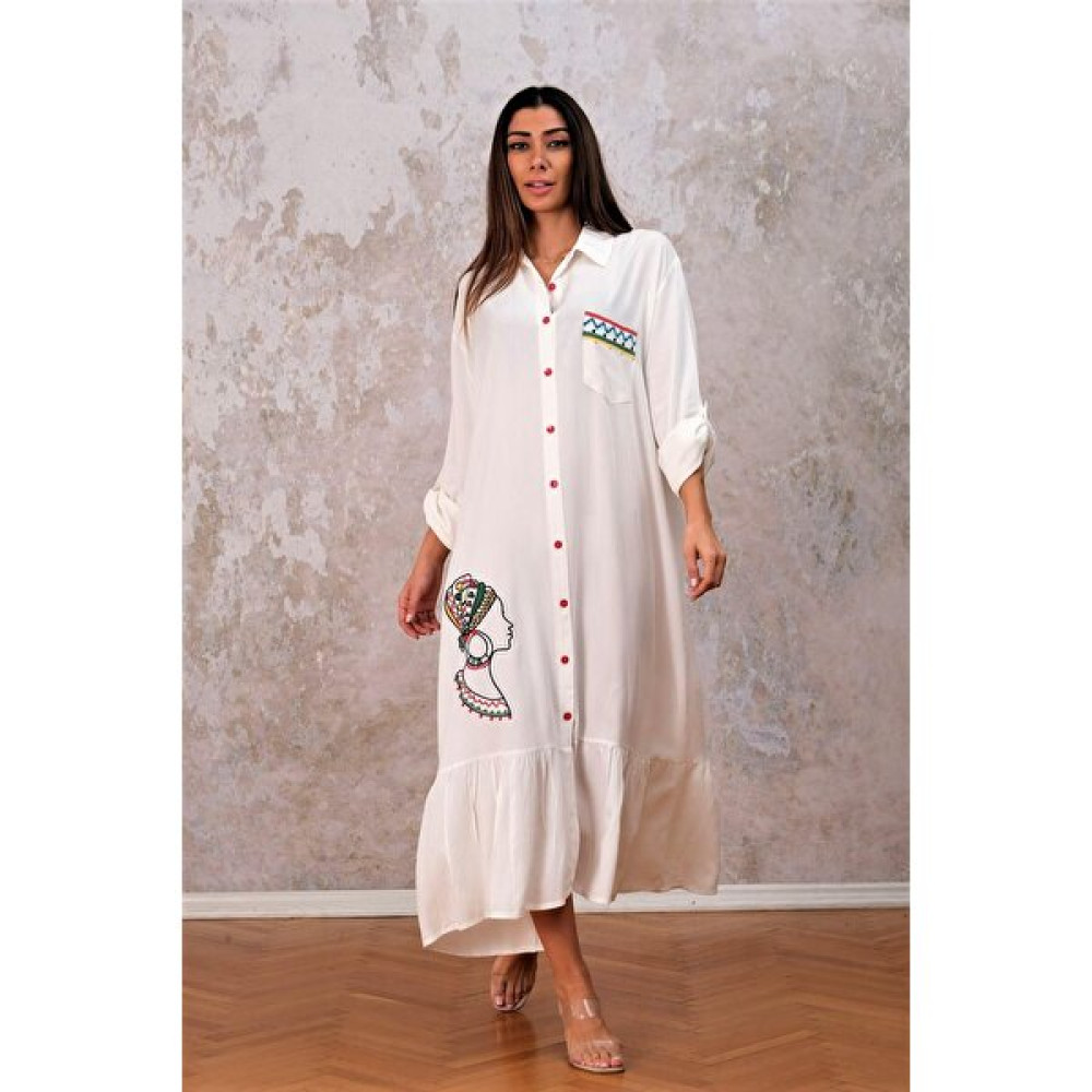 Keyifli Moda Kadın Beyaz Önü Cepli Düğmeli Eteği Fırfırlı Nakışlı Oversize Gömlek Elbise Elbise Fiyatı