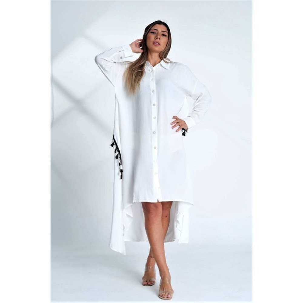 Keyifli Moda Kadın Beyaz Sırtı Püsküllü Oversize Gömlek Elbise Elbise Fiyatı