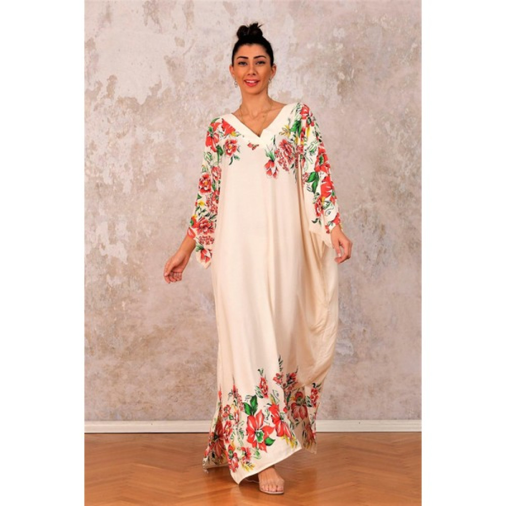 Keyifli Moda Kadın Beyaz V Yaka Yarasa Kol Cepli Çiçekli Oversize Uzun Elbise Elbise Fiyatı