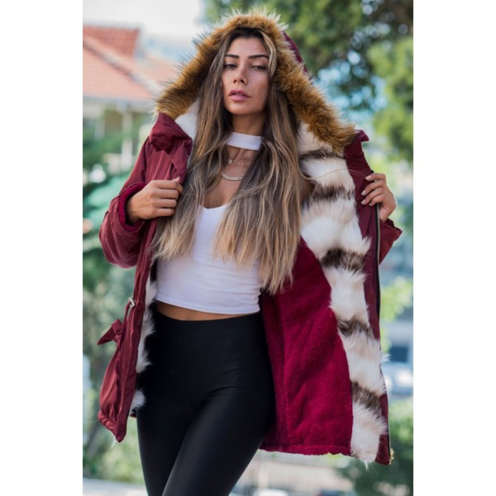 Keyifli Moda Kadın Bordo Su Geçirmez Içi Kürklü Kürk Kapüşonlu Mont Bayan Mont Fiyatı