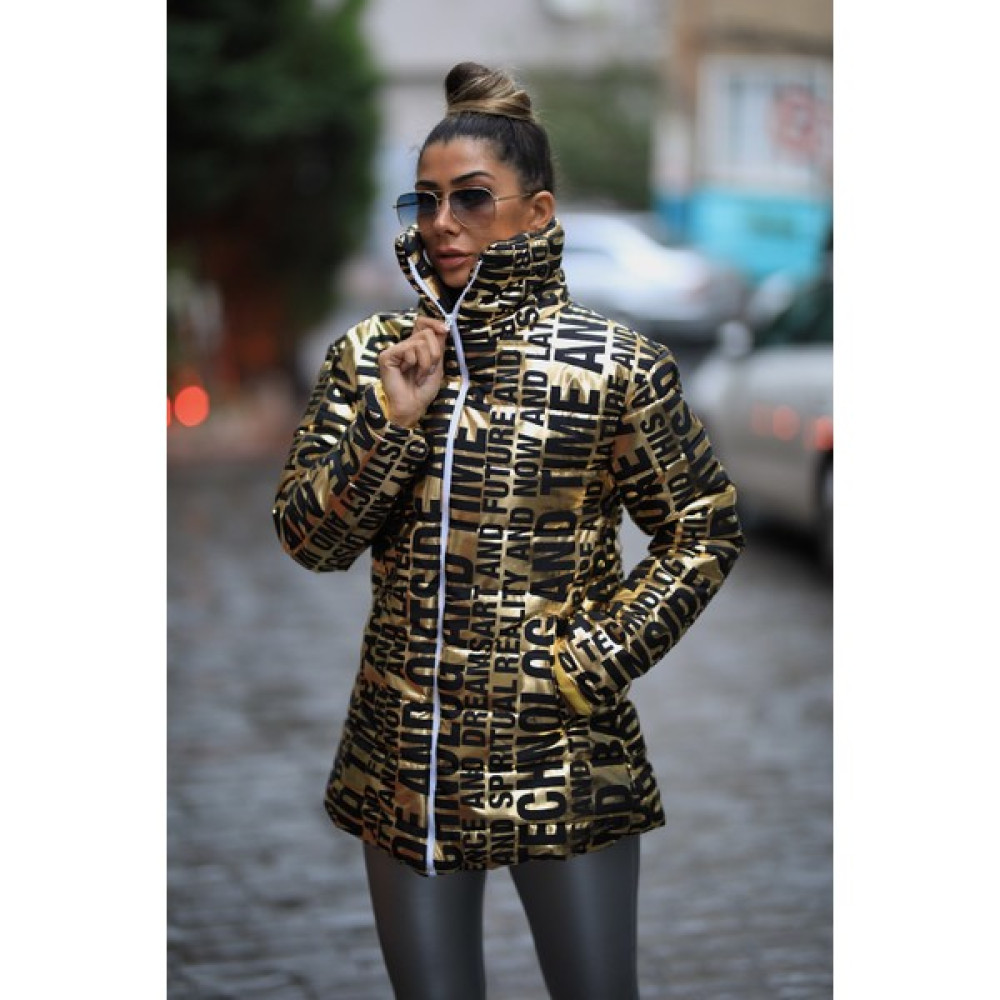 Keyifli Moda Kadın Gold Dik Yaka Uzun Parlak Şişme Mont Bayan Mont Fiyatı
