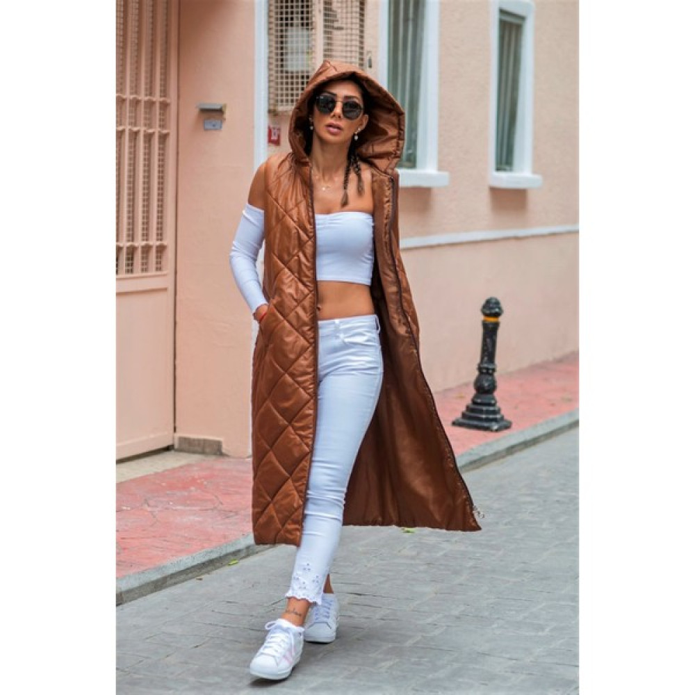 Keyifli Moda Kadın Kahverengi Kapüşonlu Cepli Baklava Desen Uzun Şişme Yelek Kadın Yelek Fiyatı