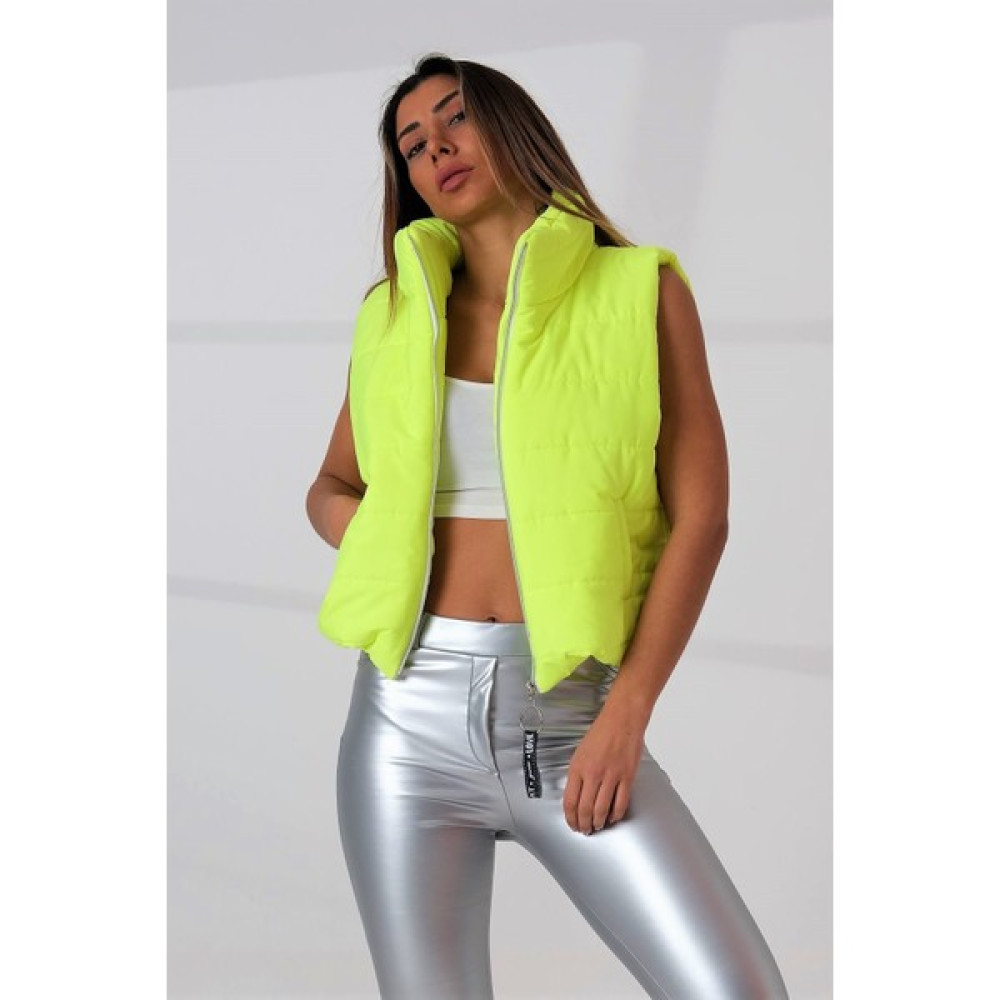 Keyifli Moda Kadın Neon Yeşil Dik Yaka Beli Lastikli Cepli Kısa Şişme Yelek Kadın Yelek Fiyatı