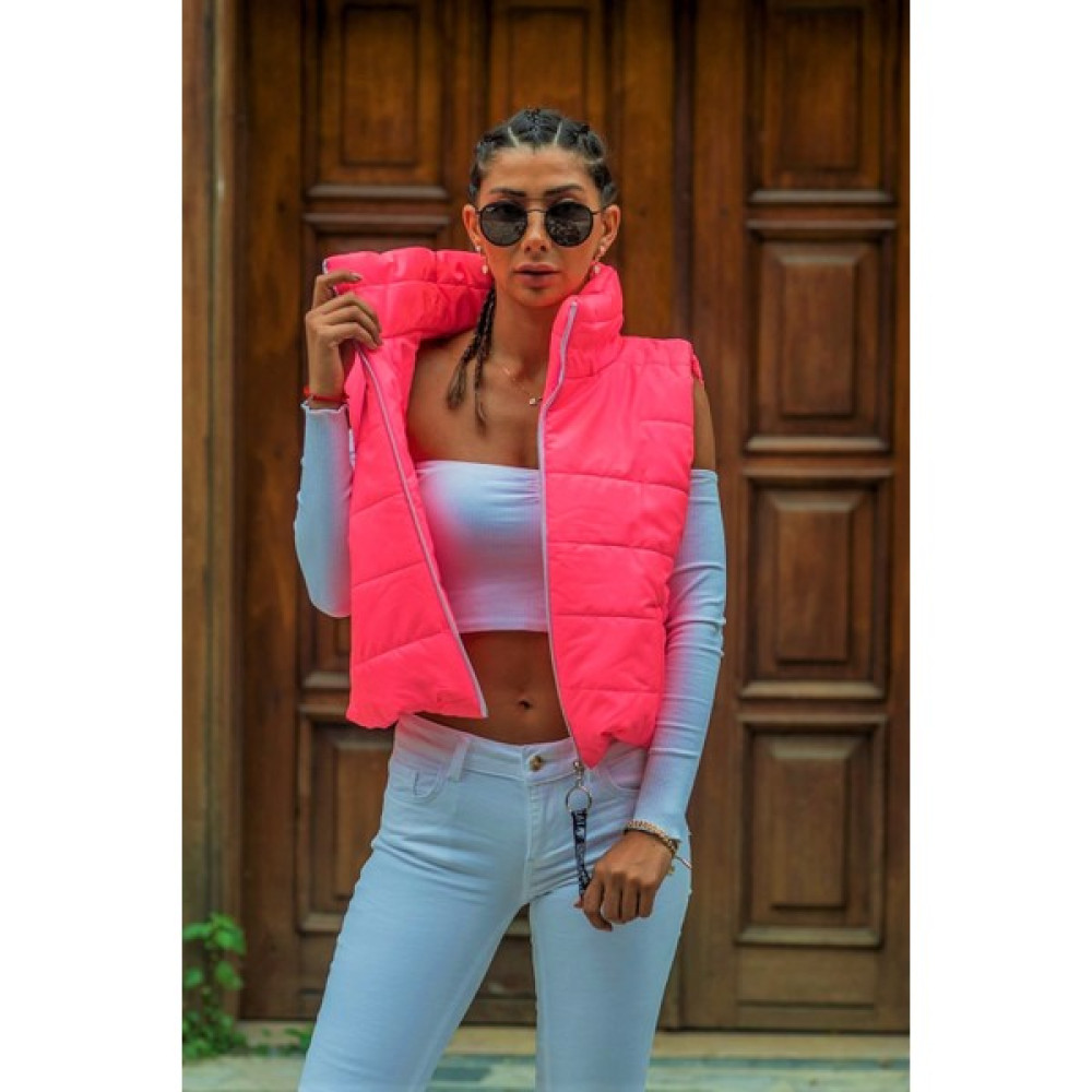 Keyifli Moda Kadın Pembe Dik Yaka Beli Lastikli Cepli Kısa Şişme Yelek Kadın Yelek Fiyatı