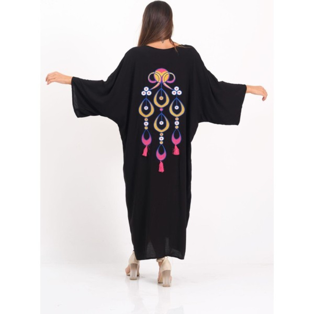 Keyifli Moda Kadın Siyah V Yaka Cepleri ve Sırtı Otantik Nakışlı Püsküllü Oversize Uzun Gömlek Elbise Elbise Fiyatı