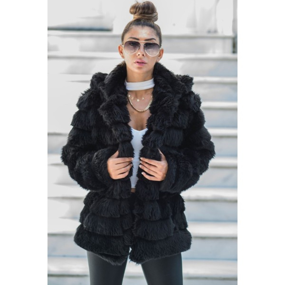 Keyifli Moda Kadın Siyah Vintage Cepli Peluş Mont Bayan Mont Fiyatı