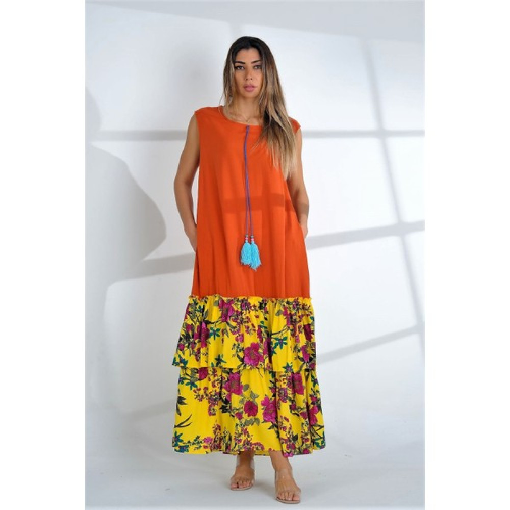 Keyifli Moda Kadın Turuncu Kolsuz Püsküllü Cepli Çiçekli Fırfırlı Bloklu Uzun Elbise Elbise Fiyatı